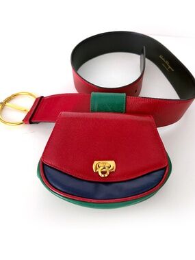 VTG Salvatore Ferragamo Gancini Colorblock Leather Belt Bag Fanny Pack Red M/L